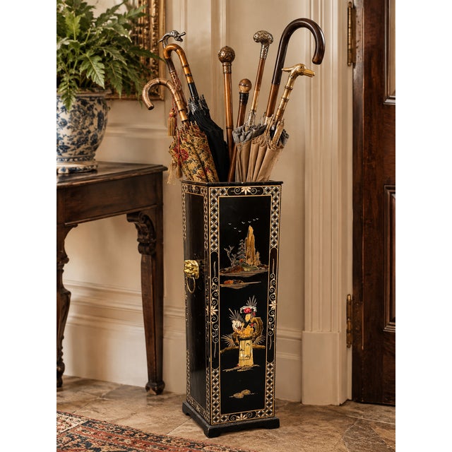 Vintage Chinoiserie Black Lacquer and Soap Stone Maiden Umbrella Stand For Sale - Image 18 of 18