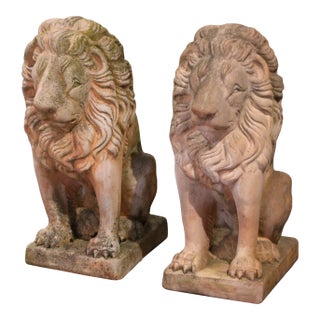 Pair of Mid-Century French Outdoor Weathered Carved Stone Lion Sculptures For Sale