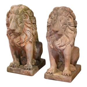 Pair of Mid-Century French Outdoor Weathered Carved Stone Lion Sculptures