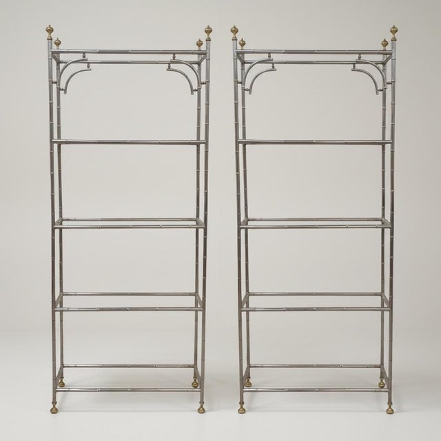 Italian Italian Regency Style Chrome Brass Faux Bamboo Etageres Shelves Bookcases - Pair For Sale - Image 3 of 9