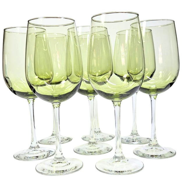 Glass Clear Stemmed Green Goblets - Set of Eight For Sale - Image 7 of 12