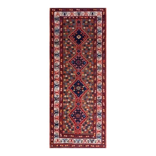 1890s Green Olive Geometric Tribal Antique S. Caucasian Rug 4' X 9'6" Handknotted Wool Carpet For Sale