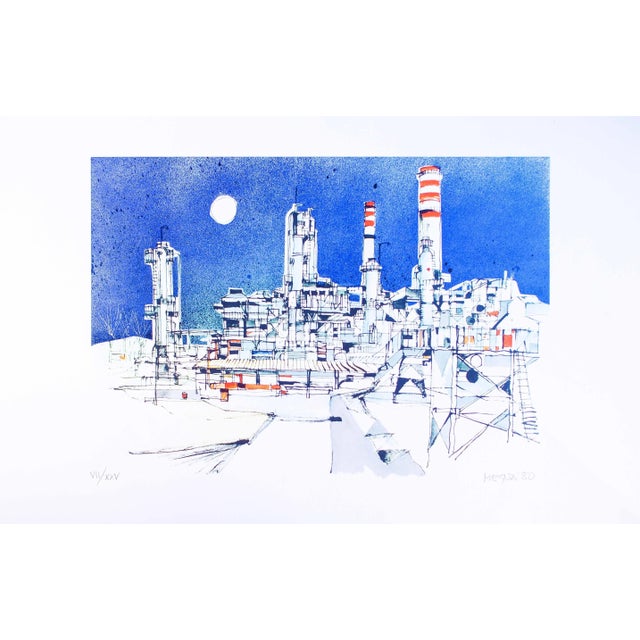 Refinery - Original Color Etching by Giuseppe Megan - 1980 For Sale - Image 4 of 4