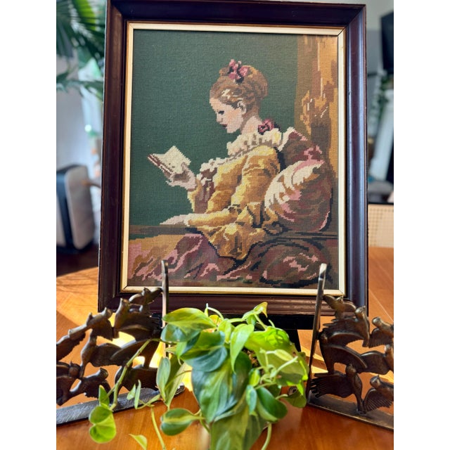 Mid-Century Modern Vintage Danish Needlepoint Art – Woman Reading – Framed Under Glass (C. 1960s–1970s) For Sale - Image 3 of 6