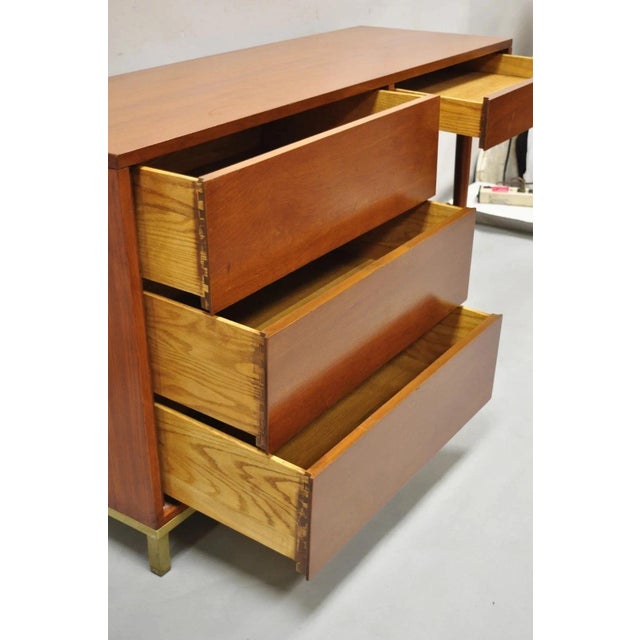 Vintage Mid Century Modern Walnut Brass Base Modernist Kneehole Writing Desk For Sale - Image 10 of 12