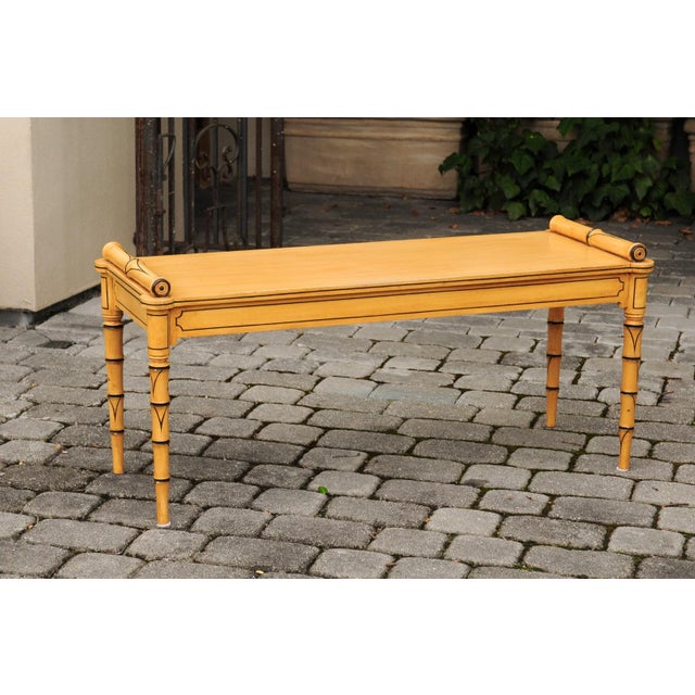 Cream Vintage English Midcentury Goldenrod Painted Wooden Bench with Black Accents For Sale - Image 8 of 11