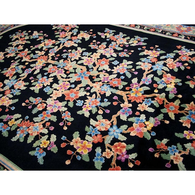 Art Deco 1920s Black Floral Medallion Antique Chinese Art Deco Rug 9' X 12' Handknotted Wool Carpet For Sale - Image 3 of 6