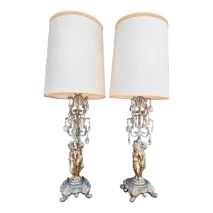 Vintage Hollywood Regency Lady Statue Brass With Crystal Waterfall Table Lamps, Set of Two