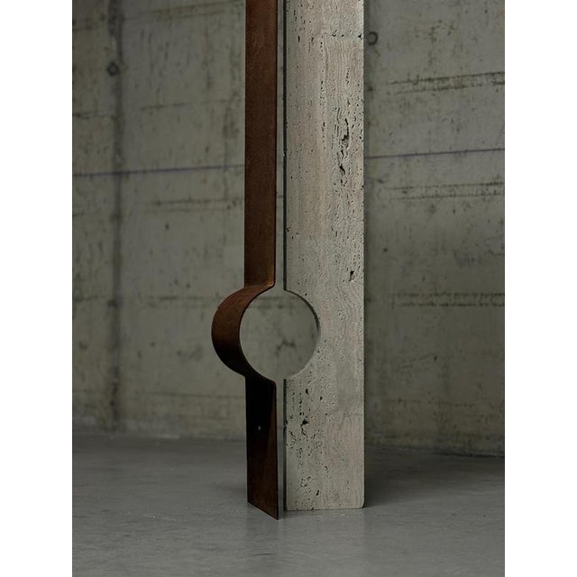 Contemporary Oculus X Floor Lamp in Oxidized Iron & Travertine by D´ARK Atelier For Sale - Image 3 of 18