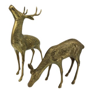 Vintage Set of 2 Brass Deer Figures Statues For Sale