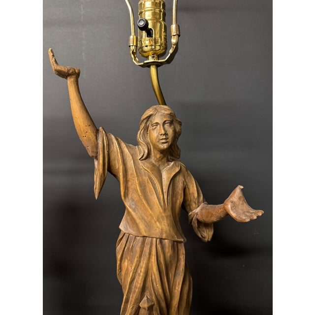 Wood Early 20th Century Pair of Antique Walnut Carved Female Figure Lamps For Sale - Image 7 of 14
