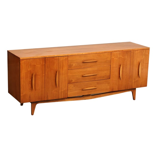 Mid Century Modern Sculpted Walnut Long Dresser For Sale