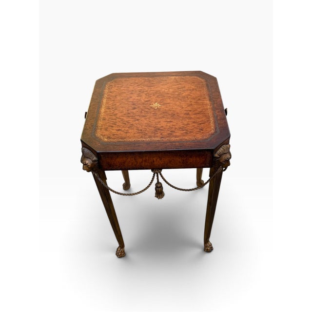 Theodore Alexander Attributed Neoclassical Lion-Head Tooled Leather Drink Table For Sale In Boston - Image 6 of 14