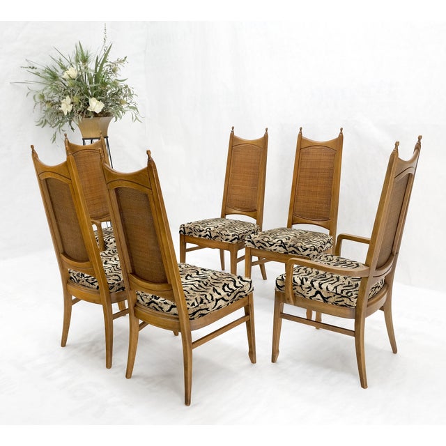 Set of 6 Cane Tall Back Pecan Mid-Century Modern Chairs Mint For Sale - Image 6 of 12