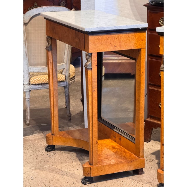19th Century Pair Empire Consoles With Burlwood and Marble Tops For Sale - Image 12 of 16