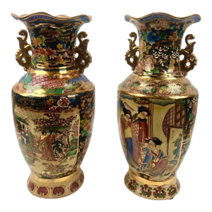 Vintage Royal Satsuma Japanese Hand-Painted Urn Style Vase, a Pair