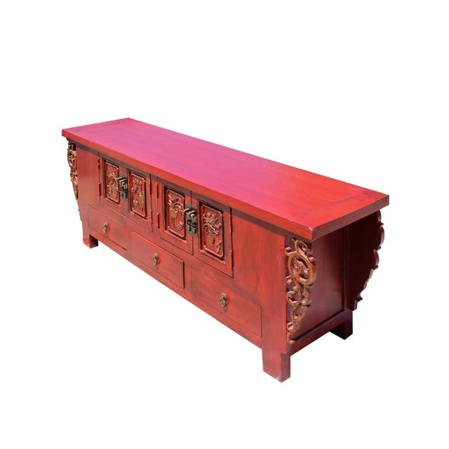 Chinese Distressed Red Dragon Motif Tv Console Table Cabinet For Sale - Image 4 of 6
