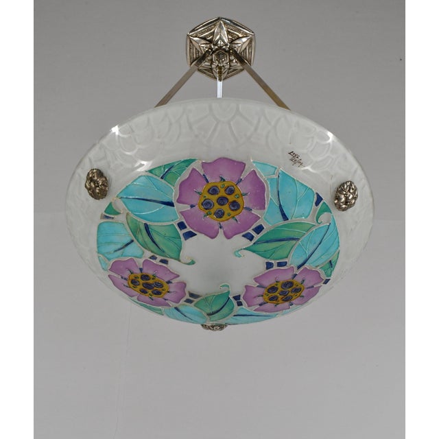 Art Deco Loys Lucha French Art Deco Pendant Light 1930s - Purple Turquoise Floral Enameled Bowl For Sale - Image 3 of 11