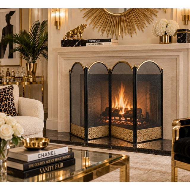 Traditional Vintage Four Panel Arch Fireplace Screen Brass Plated Filigree Design For Sale - Image 3 of 3