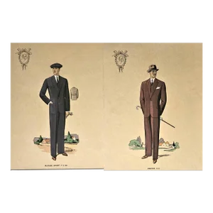 1920s Set of 2- French Men's Tailoring Suits Fashion Lithographs