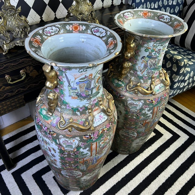 Chinese Famille Rose Floor Vases With Figural Panels and Gilt Dragon Handles, 38" For Sale - Image 12 of 18