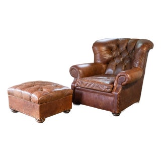 Restoration Hardware Churchill Cigar Leather Luxe Writer's Chair and Ottoman For Sale