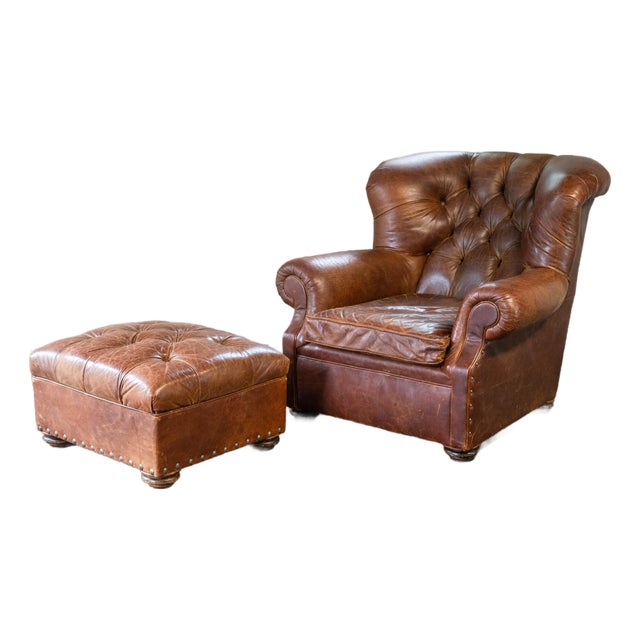 Restoration Hardware Churchill Cigar Leather Luxe Writer's Chair and Ottoman For Sale
