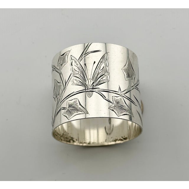 Antique American Hand Engraved Christmas 1882 Sterling Silver Owl & Butterfly Napkin Ring for "Alfred" For Sale - Image 13 of 17