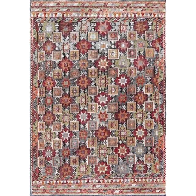 Textile Turkish Vintage Embroidered Kilim Rug With Tribal Star and Box Shapes in Colorful Tones For Sale - Image 7 of 7
