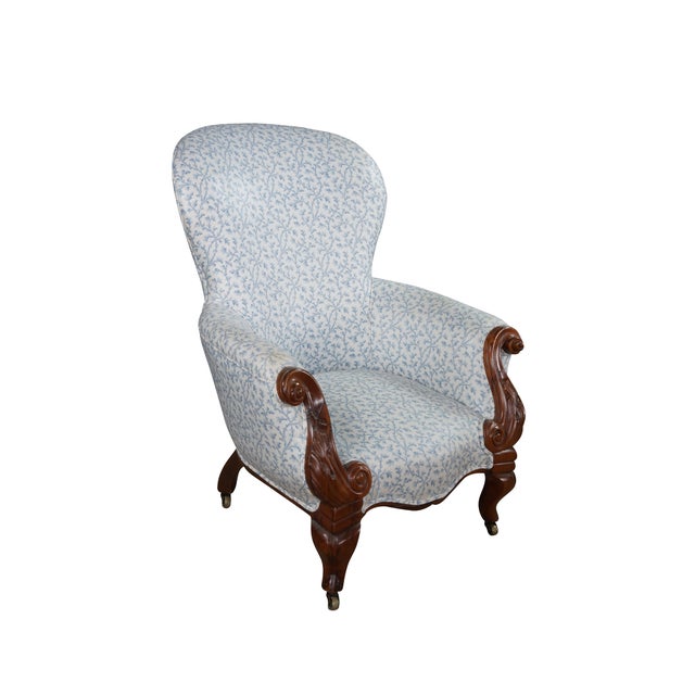 Victorian Antique Victorian Carved Walnut Spoon-Back Blue Floral Salon Armchair C. 1880s For Sale - Image 3 of 18