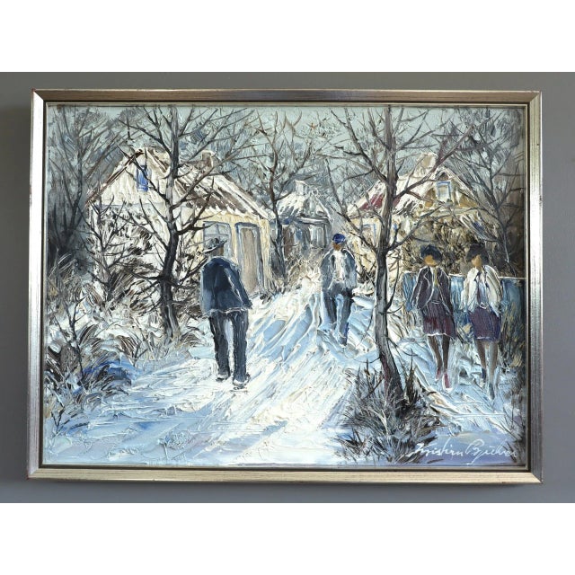 WINTER LANE Size: 13 x 16.9 inches (including frame) Oil on canvas A evocative mid-century composition that captures a...