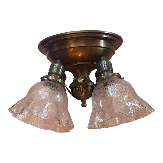 Victorian Acid Etched 4 Light Fixture With Large Acanthus Leaf Center, Circa 1910 For Sale