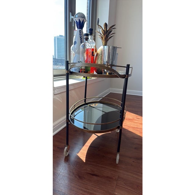 Mid-Century Modern Vintage Hollywood Regency Style Brass & Glass Bar Cart – Two Tier Oval With Casters For Sale - Image 3 of 5