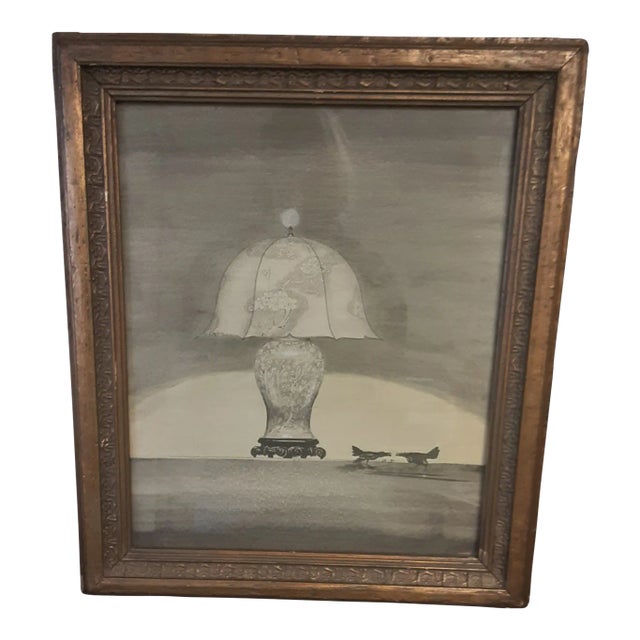 1930s Pencil Sketch Still Life Drawing of a Lamp in Frame For Sale