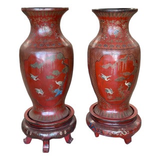 Large 19th Century Chinese Red Lacquered Palace Vases on Stands For Sale