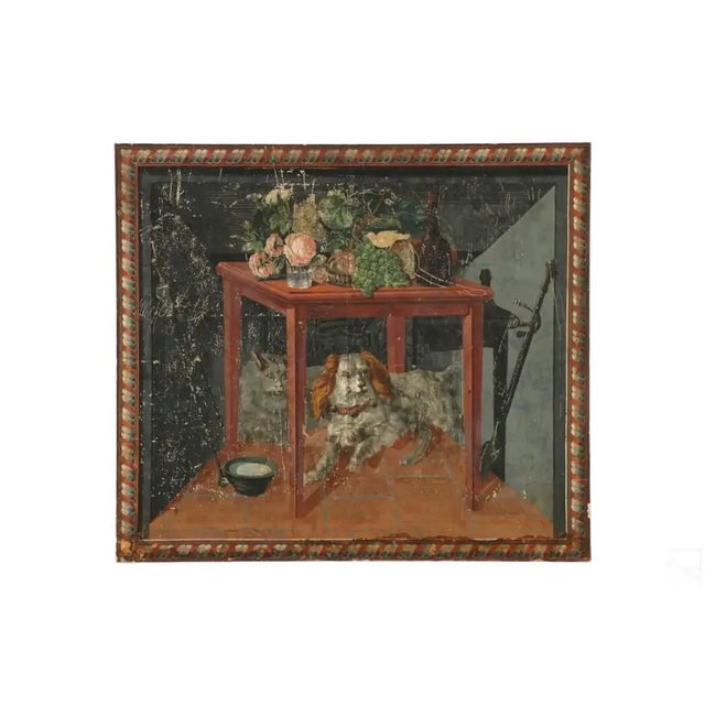 Antique original wallpaper fireboard. An interior scene combining elements of still life and animal art with a dog and cat...