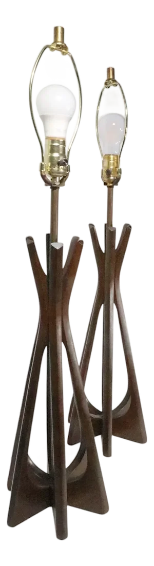 Pair of Sculptural Wood Mid Century Danish Modern Style Table Lamps Attributed to Modeline