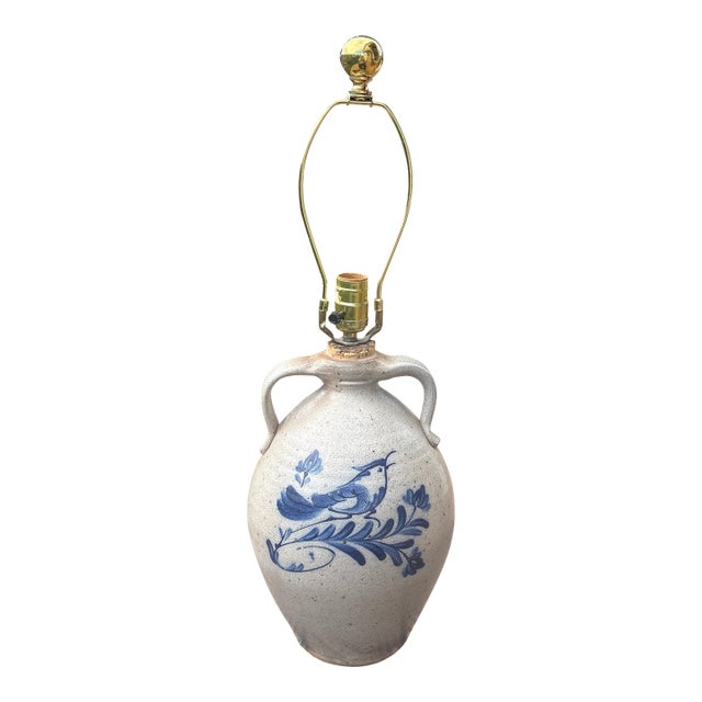 15th Century & Earlier Ethan Allen Rowe Pottery Works Blue Bird Decorated Salt Glazed Pottery Lamp For Sale