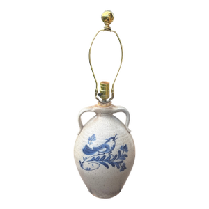 15th Century & Earlier Ethan Allen Rowe Pottery Works Blue Bird Decorated Salt Glazed Pottery Lamp