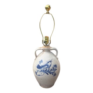 Ethan Allen Rowe Pottery Works Blue Bird Decorated Salt Glazed Pottery Lamp For Sale