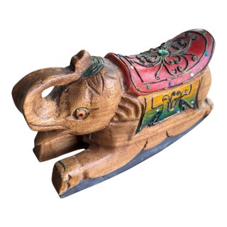 Vintage Hand Carved Wood Rocking Elephant Statue Decorated Folk Art 10" For Sale