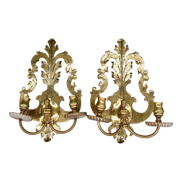 Pair of Solid Brass Two-Arm Rococo Revival Candle Wall Sconces With Acanthus Leaf Backplate, Early 20th Century For Sale