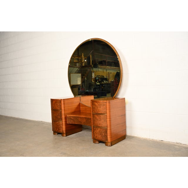 Art Deco Donald Deskey Style Art Deco Burl Wood Vanity Dresser With Mirror, Circa 1930s For Sale - Image 3 of 14