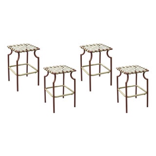 Set of 4 Vintage Tropitone Brown and Beige Woven Vinyl Seat Outdoor Patio Stools For Sale