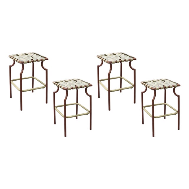 Set of 4 Vintage Tropitone Brown and Beige Woven Vinyl Seat Outdoor Patio Stools For Sale