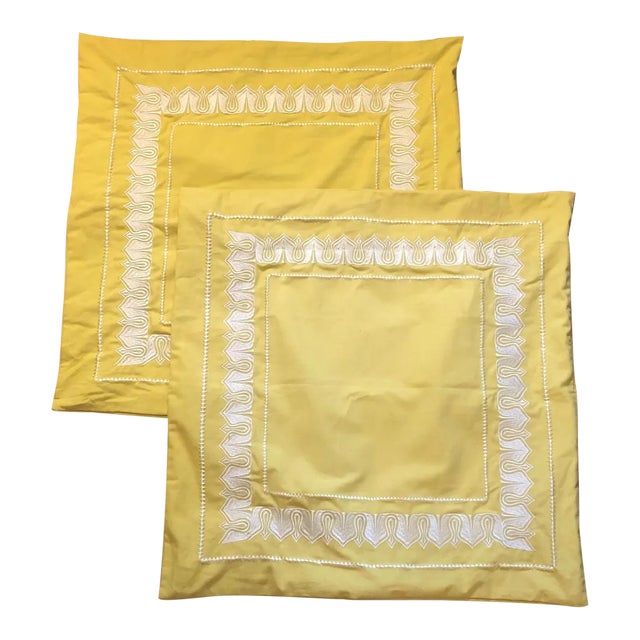 Gorgeous Buttercup Yellow Cotton Euro Pillow Shams With White Embroidery - a Pair For Sale