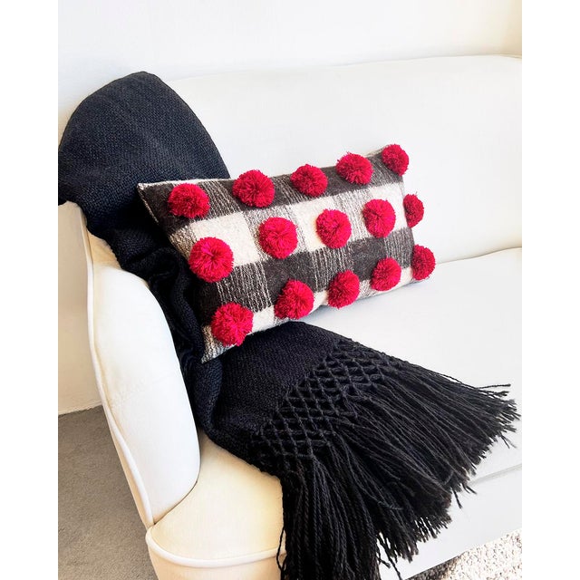Rustic Chamula Gray White & Black Checkered Red PomPom Throw Pillow Handmade 100% Wool For Sale - Image 3 of 4