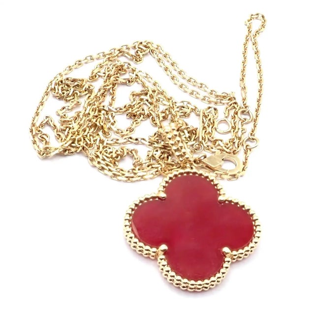 Van Cleef & Arpels Magic Alhambra Carnelian Pendant Long Rose Gold Necklace For Sale - Image 11 of 13