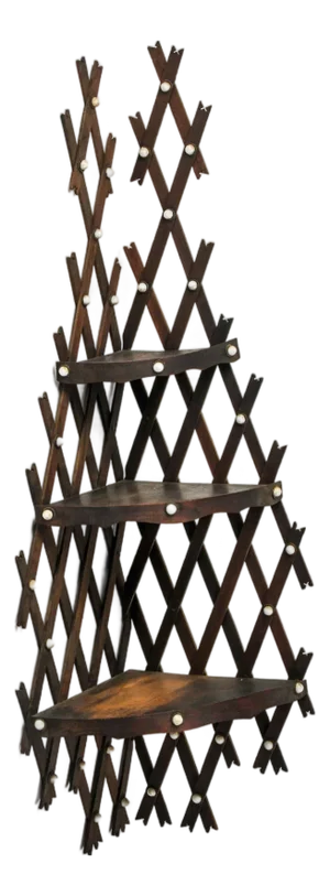 Antique Folk Art Lattice Corner Shelf With Porcelain Button Accents