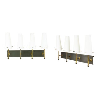 Black Metal, Brass and Opaline Glass 4-Light Wall Lamps, 1950s, Set of 2 For Sale